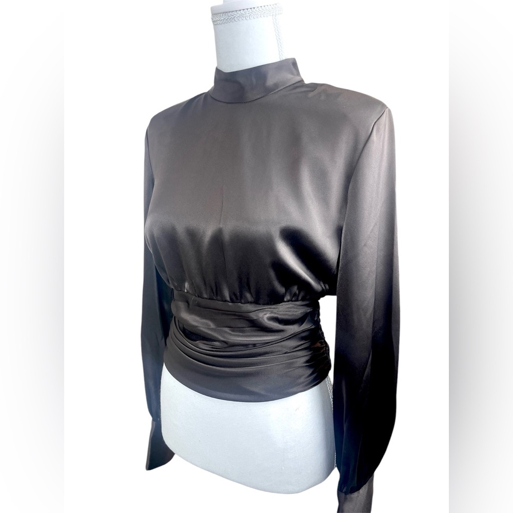 Aritzia Babaton Chocolate Brown Rosalia Ruched Satin Elegant Blouse Mock Neck - Picture 7 of 14